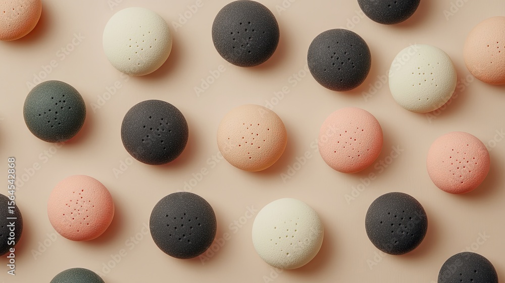 Aufkleber this image features numerous small, round, textured objects in charcoal, beige, and peach hues, arra