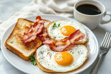Homemade American breakfast. Fried eggs with bacon and toast, a cup of coffee and a fork on a white table. Healthy breakfast. The concept of healthy eating. Morning sunlight