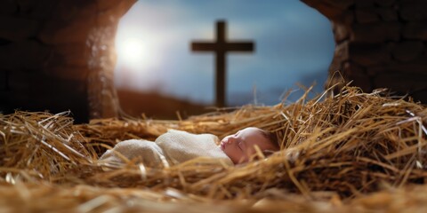 A baby child sleeps wrapped in a blanket in a hay manger with a cross in the background. Christian nativity scene for Christmas.