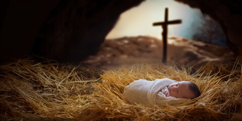 Sleeping caucasian baby in hay in a cave with a cross in the background. Christmas nativity scene and religious concept.