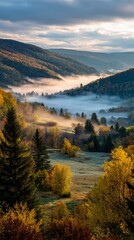 Obraz premium A breathtaking view of a misty morning in a mountain valley during autumn.
