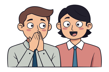 Two cartoon business people with one covering their mouth in surprise and the other looking excited and happy