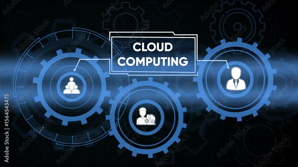 Poster animated cloud computing concept representing data storage and teamwork for business applications