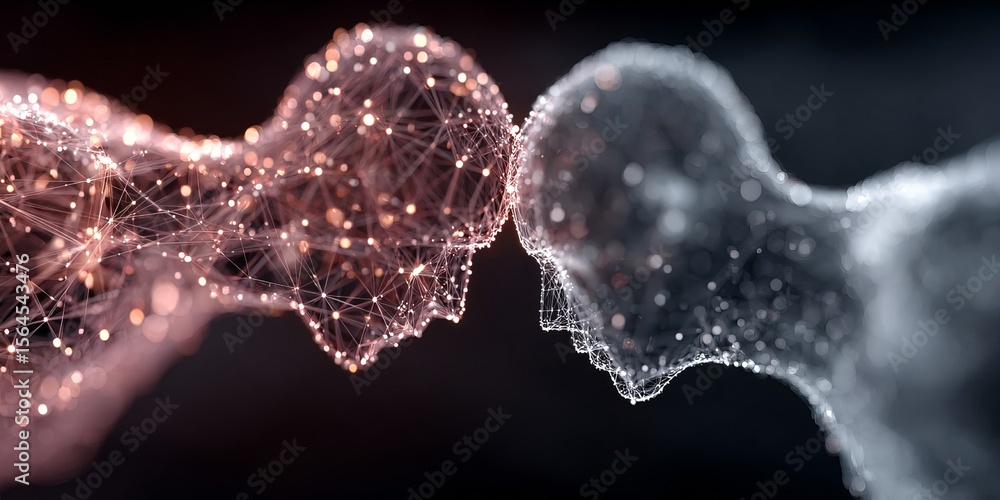 Poster two abstract human heads made of glowing digital networks touching foreheads symbolizing connection
