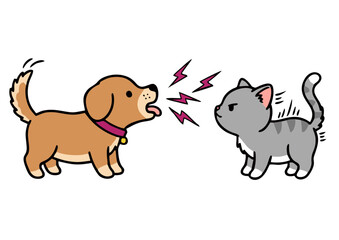 Cartoon Golden Retriever Puppy Barking at a Grey Tabby Kitten.