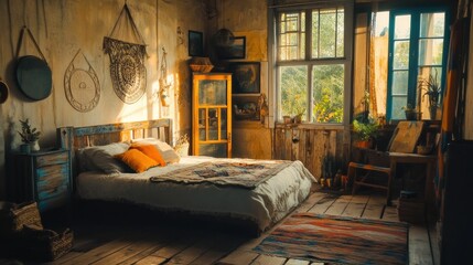Sunlit bedroom, rustic decor, cozy bed, wooden floor.