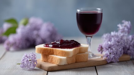 Fresh bread with jam and a glass of berry juice