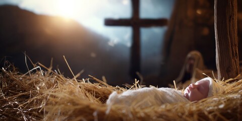 Baby jesus lies in a manger on hay, with the cross in the background. Christian nativity scene for Christmas.