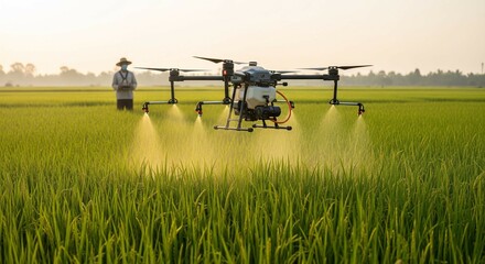 A modern agricultural drone flying over a vast crop field, equipped with advanced sensors for precision farming. The drone is used for crop monitoring, spraying, and data collection