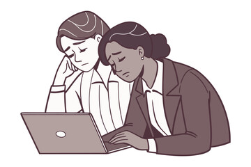 Two diverse colleagues looking stressed and exhausted while working together on a laptop in an office setting