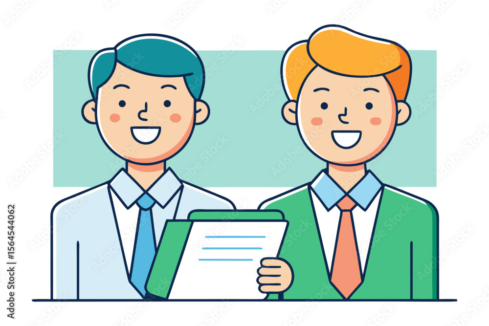 Poster two smiling businessmen in suits with ties holding a document representing teamwork and professional