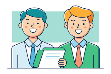 Fototapeta premium Two smiling businessmen in suits with ties holding a document representing teamwork and professional collaboration in a modern office setting