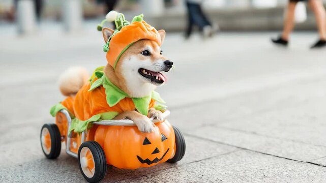 Happy shiba inu dog in a pumpkin costume riding a jack-o'-lantern car for Halloween