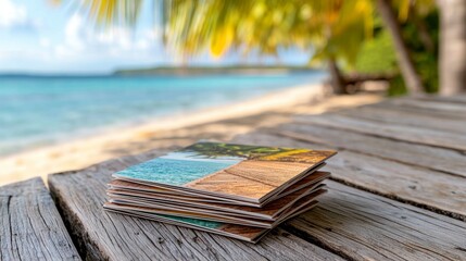 Brochures Stack Displaying Beach Landscapes On Wooden Planks Under Palm Trees Clear Turquoise Waters
