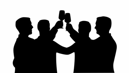 Silhouette of four men toasting with wine glasses in a celebratory gesture on a white background