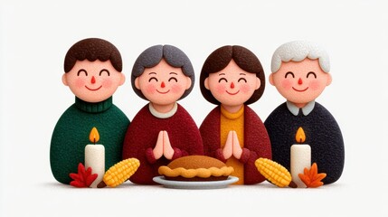 Colorful cartoon family celebrates Thanksgiving with gratitude and warmth around a pumpkin pie and candles. Happy Thanksgiving Day