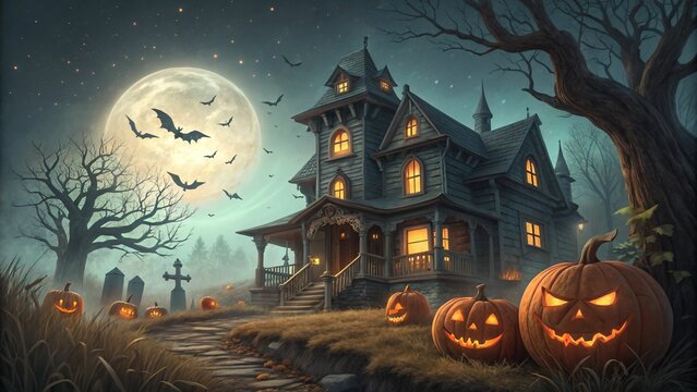 A spooky haunted house with glowing jackolanterns in a graveyard at night