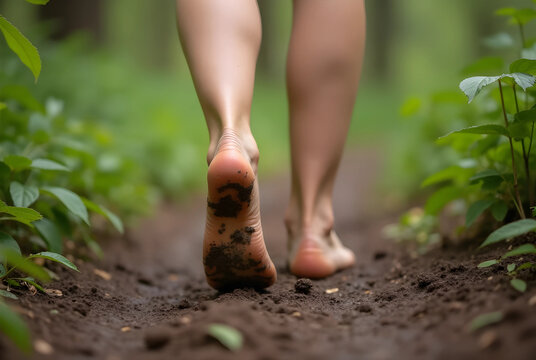Authentic outdoor image showing the slightly muddy soles of a young woman after walking barefoot through a forest trail. 