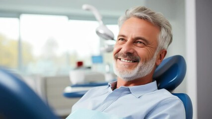 Close-up angle of a smiling man in a dental chair, conveying a relaxed, positive vibe. Ideal for a dental care video promoting comfort and trust.