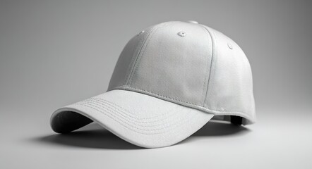 A plain, white baseball cap angled on a neutral background. High quality