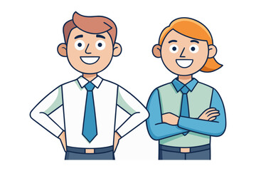 Two smiling cartoon professionals a man and a woman dressed in business attire with blue ties and shirts standing confidently against a white background