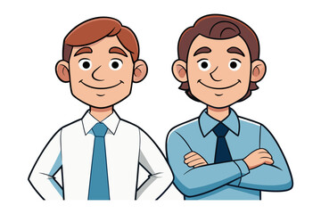 Two smiling cartoon men in dress shirts and ties one with arms at his sides and the other with arms crossed against a white background