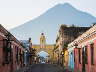 Street of Antigua with Santa Catalina arch and Volcan de agua