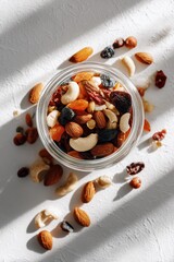 Jar of mixed nuts and dried fruit on white background