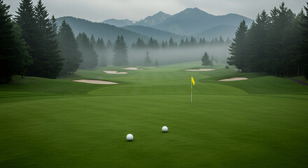 Misty golf course with mountains in the background (1)