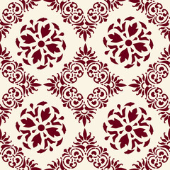 Seamless hand-drawn damask pattern with floral and ornamental elements in vintage style. Perfect for fabric, wallpaper, or classic packaging
