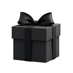 Elegant black gift box with satin ribbon and bow isolated on transparent background