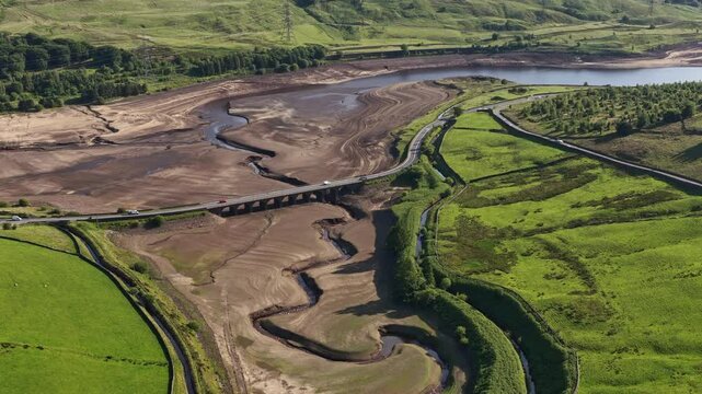 Aerial view of Woodhead Reservoir during drought