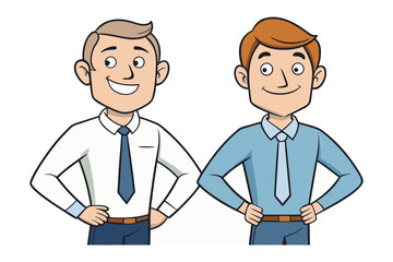 Two smiling cartoon businessmen in suits and ties stand confidently with hands on their hips against a white background