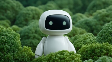 Cute robot exploring a lush green landscape