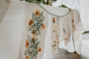 hand dyed floral table fabrics for backyard tent wedding
