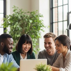 Team Collaboration 2: A dynamic medium shot of a diverse group of four young professionals in a bright, modern co-working space
