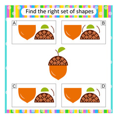 Puzzle for children. Attention task. Find the correct set of cartoon acorn. Answer is D.
