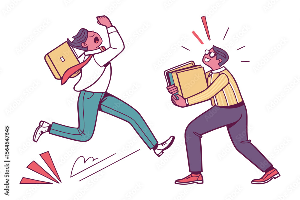 Poster excited businessman running with briefcase while another man holds books with a bright idea symbol a