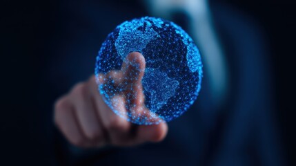 A hand interacts with a glowing digital globe composed of blue data points, symbolizing technology and global connectivity.
