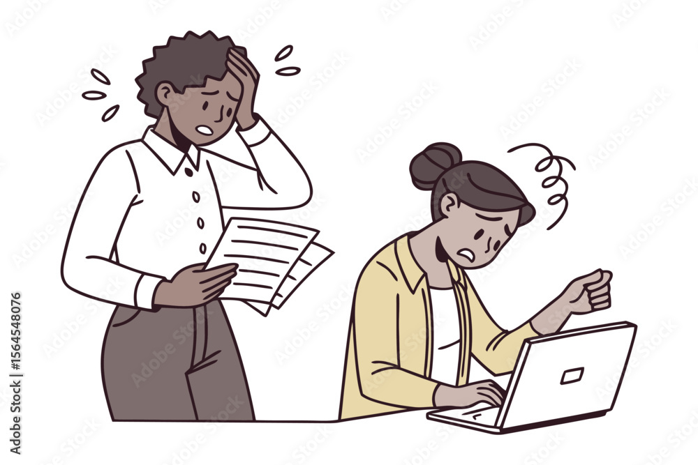 Poster two stressed individuals struggling with work tasks one holding papers and the other using a laptop 