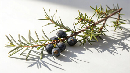 A sprig of juniper with blue berries casts a shadow on a white background, isolated in a studio shot