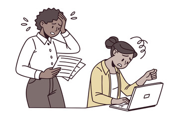 Two stressed individuals struggling with work tasks one holding papers and the other using a laptop displaying clear signs of frustration and anxiety