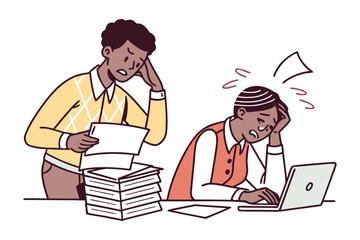 Two stressed individuals overwhelmed by work one with a large stack of papers and the other at a laptop both showing signs of extreme fatigue and frustration