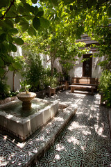 Serene Tiled Courtyard with Central Fountain and Lush Foliage in Pastel Harmony
