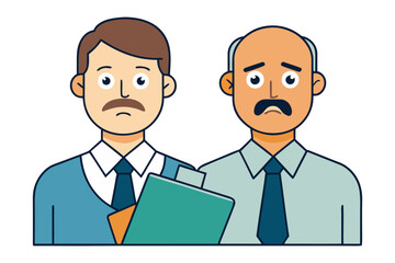 Two concerned businessmen with mustaches and ties one holding a clipboard appear to be discussing serious matters
