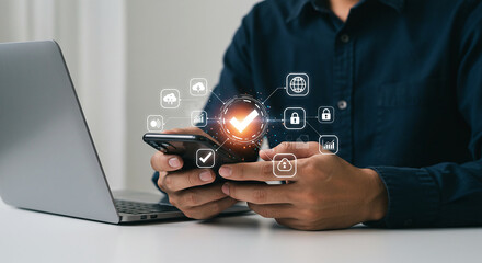 Smart Device Security: A focused individual, engrossed in the digital realm, interacts with a smart device while navigating a web of interconnected digital security elements.