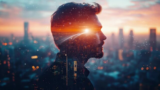 A man silhouette overlaid with city skyline and sunset in a double exposure artistic style image a