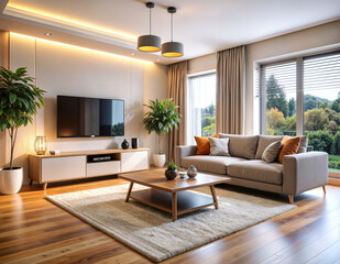 Obraz premium Modern Cozy Living Room Interior with Wooden Flooring, Neutral Tones and Large Windows, AI-Generated Design