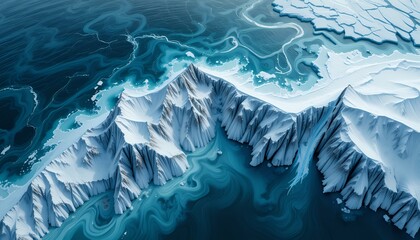 Aerial view of icy mountainous terrain surrounded by swirling ocean waters and frozen coastlines