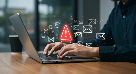 Email Security Alert: A person types on a laptop surrounded by holographic email icons and a prominent warning sign, illustrating the critical need for cybersecurity in digital communication.